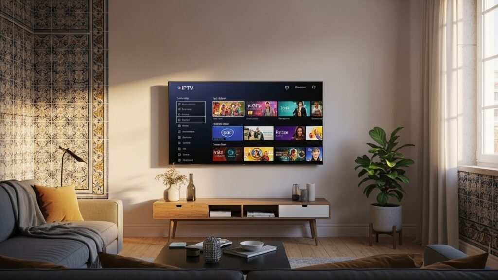 Sala de estar moderna em Portugal com Smart TV Samsung a exibir menu de canais IPTV.