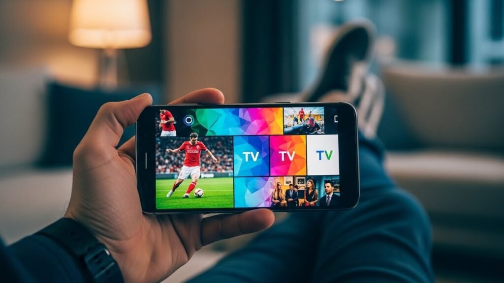 Uma pessoa a segurar um telemóvel Android na horizontal, cujo ecrã brilhante exibe um mosaico de canais de televisão, ilustrando o conceito de iptv android telemovel.