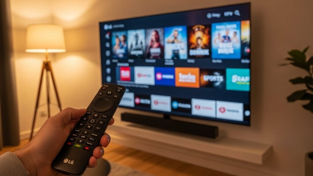 Utilizador a segurar um comando LG Magic Remote apontando para uma Smart TV com menu de IPTV em Portugal.