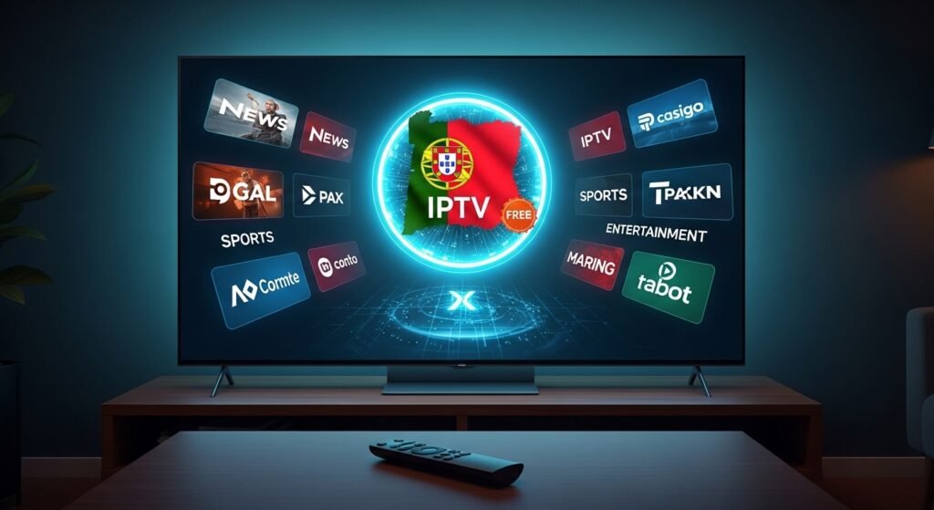 Um ecrã de televisão moderno exibe um menu de streaming vibrante com a bandeira de Portugal e o logótipo "IPTV" brilhante, representando o acesso a canais portugueses gratuitos.